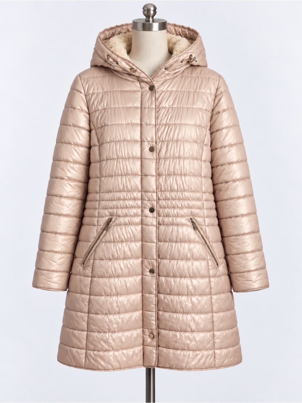 Roz & Ali 2X Champagne Long Puffer Coat Faux Fur Hood NWOT